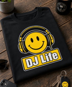 Majica z napisom DJ Life in motivom rumenega smeška z DJ slušalkami