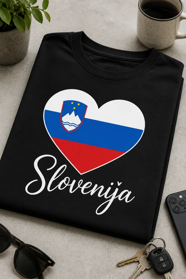 Majica z napisom Slovenija in srčkom v barvah slovenske zastave
