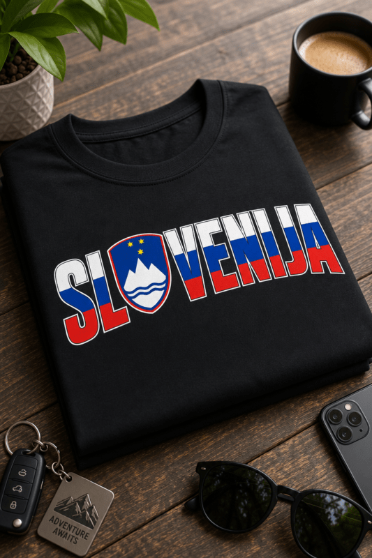 Majica z napisom SLOVENIJA v barvah slovenske zastave in grbom