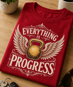 Majica z napisom EVERYTHING IS PROGRESS in vintage motivom uteži s krili