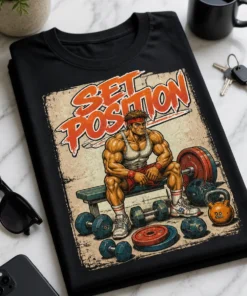 Majica z napisom Set position in retro motivom mišičastega moškega ter fitnes opreme