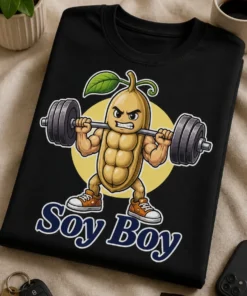 Majica z napisom Soy Boy in motivom mišičaste soje, ki dviguje utež