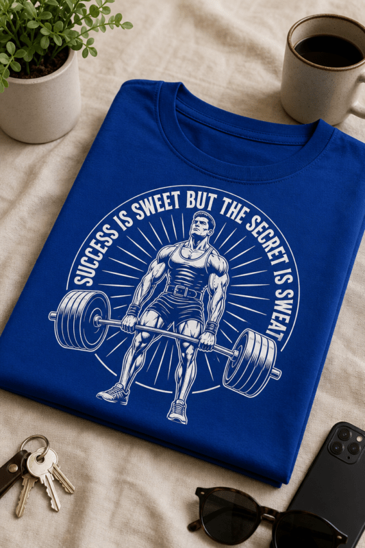 Fitnes majica z deadlift motivom in napisom Success is sweet but the secret is sweat