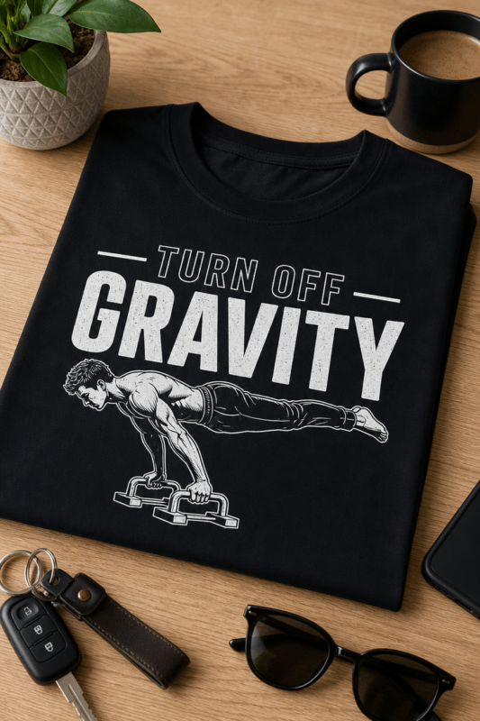Majica z napisom Turn off gravity in motivom športnika v planche drži
