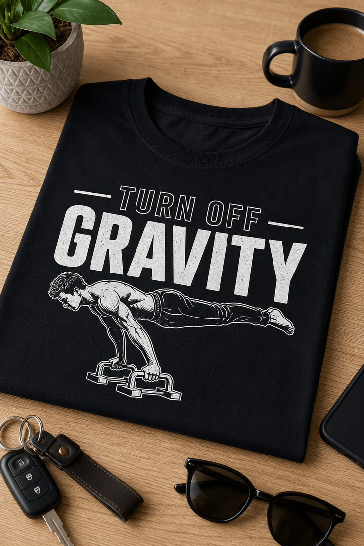 Majica z napisom Turn off gravity in motivom športnika v planche drži