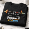 Majica z napisom Dvignem ti srčni utrip in motivom mišičastega moškega, ki dviguje ECG črto kot utež