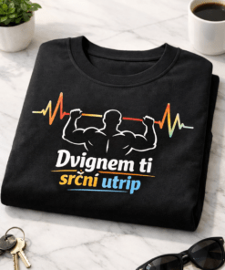 Majica z napisom Dvignem ti srčni utrip in motivom mišičastega moškega, ki dviguje ECG črto kot utež