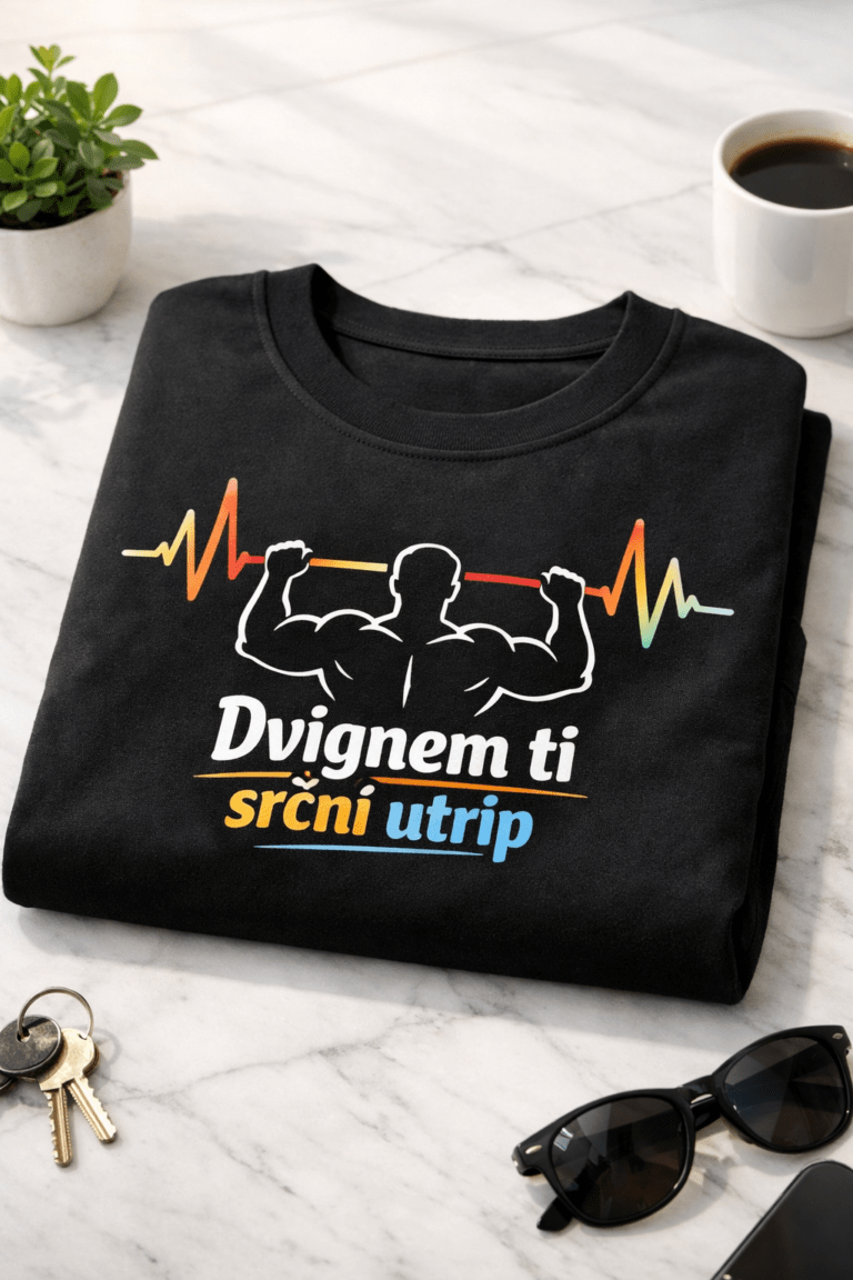Majica z napisom Dvignem ti srčni utrip in motivom mišičastega moškega, ki dviguje ECG črto kot utež