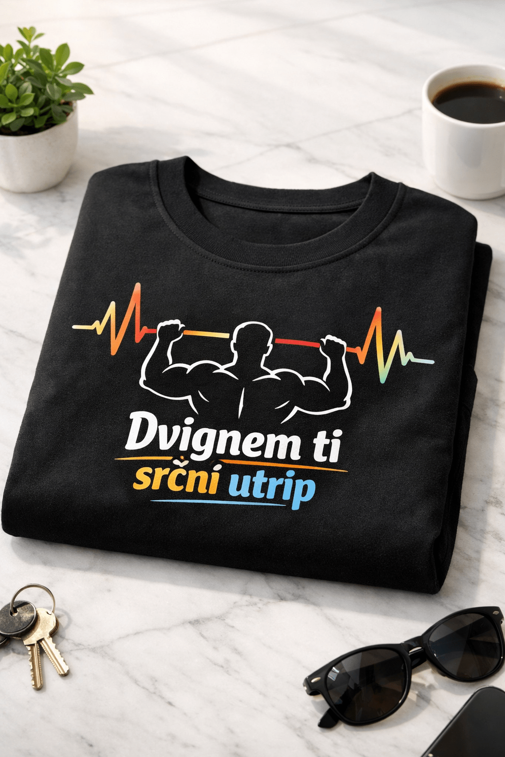Majica z napisom Dvignem ti srčni utrip in motivom mišičastega moškega, ki dviguje ECG črto kot utež