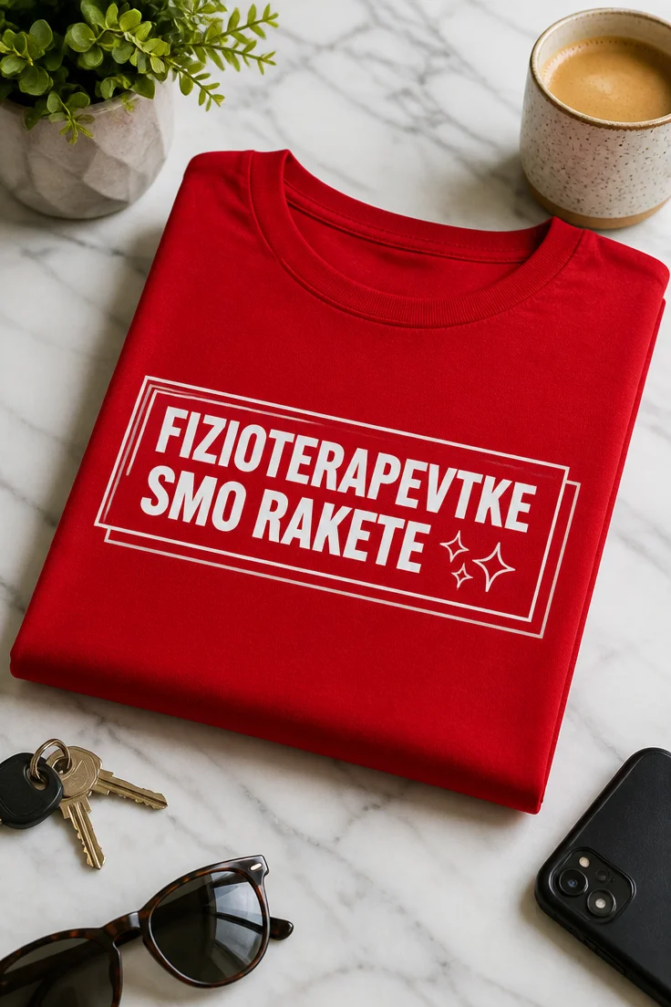 Majica za fizioterapevtke z napisom FIZIOTERAPEVTKE SMO RAKETE ✨ v modrem tipografskem okvirju
