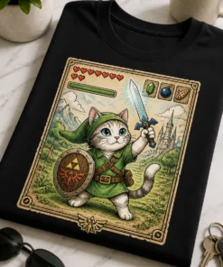 Majica z mačkom v parodiji legendarnega igralnega junaka v retro slogu