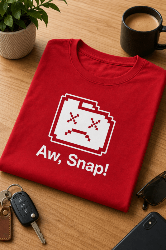 Majica z napisom Aw, Snap! in pikselasto žalostno crash ikono