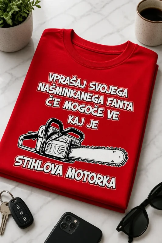Majica z napisom VPRAŠAJ SVOJEGA NAŠMINKANEGA FANTA ČE MOGOČE VE KAJ JE STIHLOVA MOTORKA in ilustracijo motorne žage