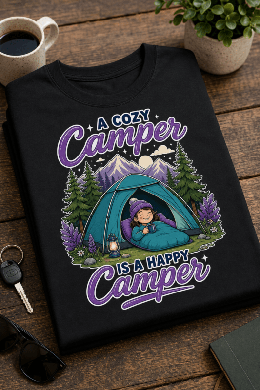 Majica z napisom A cozy camper is a happy camper in motivom šotora in kampiranja