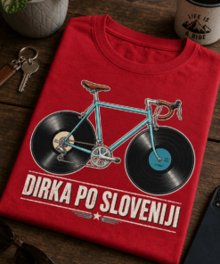 Majica z napisom DIRKA PO SLOVENIJI in retro kolesom z vinil ploščami namesto koles