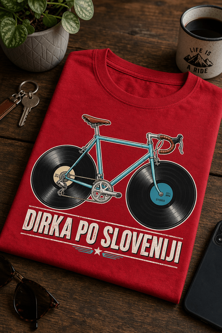 Majica z napisom DIRKA PO SLOVENIJI in retro kolesom z vinil ploščami namesto koles