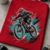 Downhill gorski kolesar v skoku na majici z grunge ilustracijo