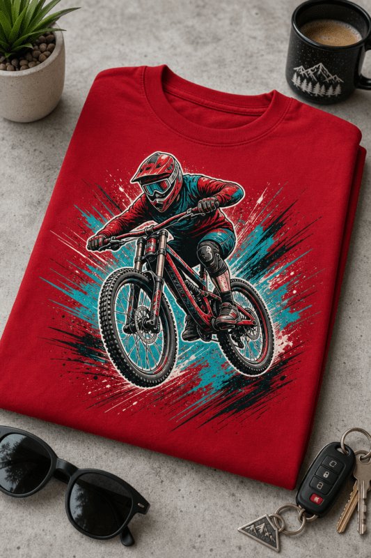 Downhill gorski kolesar v skoku na majici z grunge ilustracijo