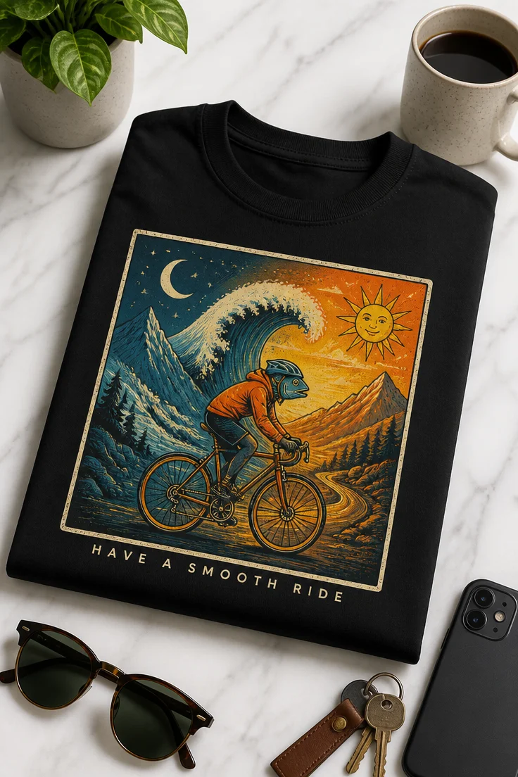 Majica za kolesarje z napisom HAVE A SMOOTH RIDE in retro motivom kolesarja med gorami, valom, soncem in luno