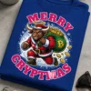 Majica z napisom Merry Cryptmas in bikom v Božičkovi opravi z vrečo kovancev