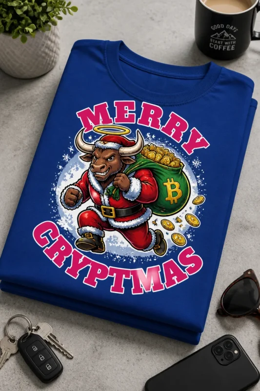 Majica z napisom Merry Cryptmas in bikom v Božičkovi opravi z vrečo kovancev