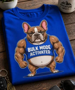Majica z motivom mišičastega francoskega buldoga v modri majici