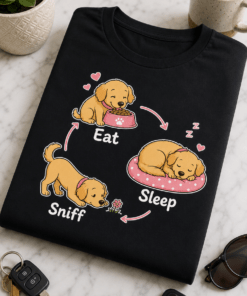 Majica z napisom Eat Sleep Sniff in prikupnim zlatkastim kužkom v treh pozah: pri hrani, med spanjem in med vohanjem tal.