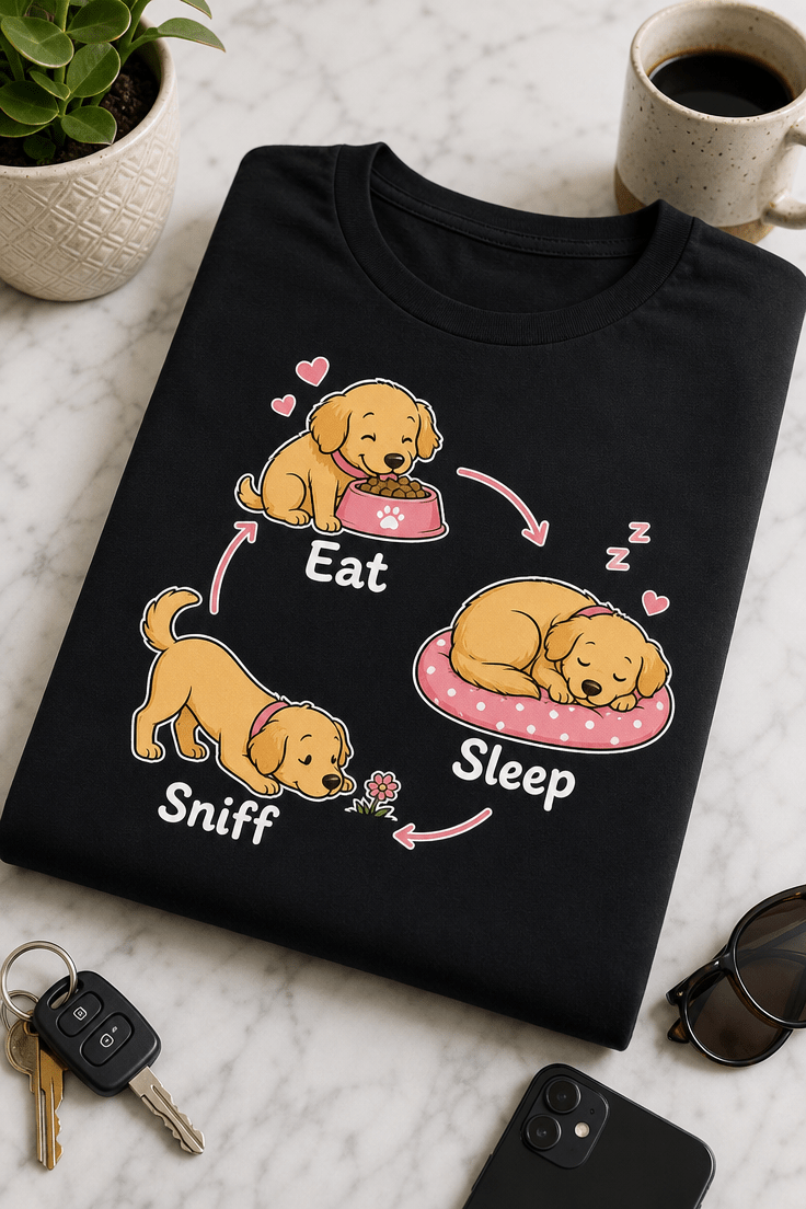 Majica z napisom Eat Sleep Sniff in prikupnim zlatkastim kužkom v treh pozah: pri hrani, med spanjem in med vohanjem tal.