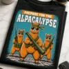 Majica z napisom PREPARE FOR THE ALPACALYPSE in motivom treh oboroženih alpak v retro slogu