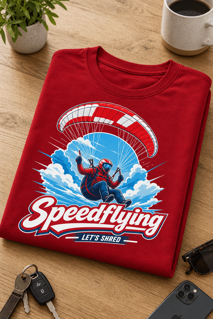 Majica z napisom Speedflying in motivom športnika pod padalom