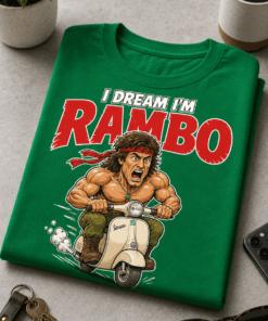 Smešna majica z napisom I dream I'm Rambo in karikaturo akcijskega junaka na majhnem skuterju