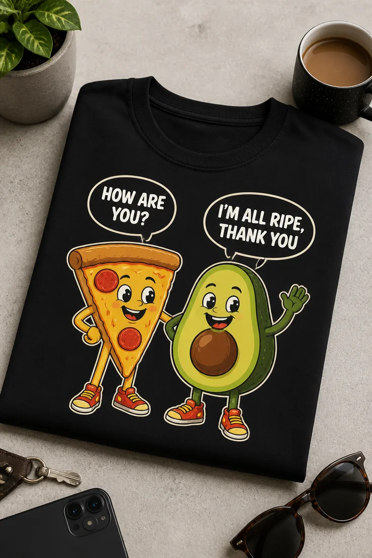 Majica z napisom HOW ARE YOU? I'M ALL RIPE, THANK YOU ter motivom pice in avokada