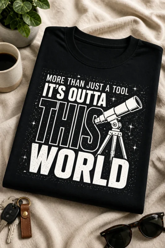 Majica z napisom MORE THAN JUST A TOOL IT'S OUTTA THIS WORLD in motivom teleskopa