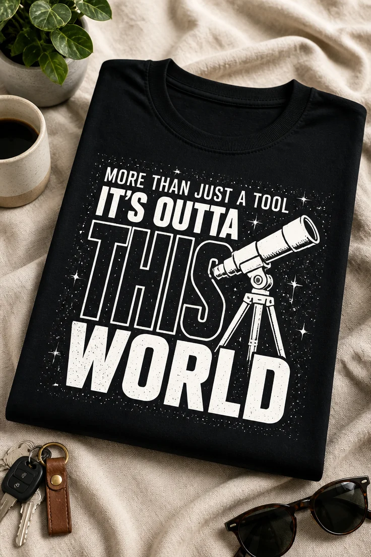 Majica z napisom MORE THAN JUST A TOOL IT'S OUTTA THIS WORLD in motivom teleskopa