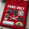 Majica z napisom FANS ONLY in motivom različnih ventilatorjev ter pahljač