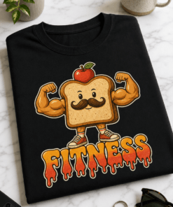 Majica z napisom FITNESS in retro motivom mišičastega toasta z jabolkom