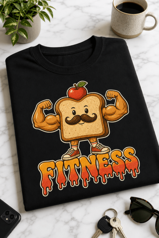 Majica z napisom FITNESS in retro motivom mišičastega toasta z jabolkom