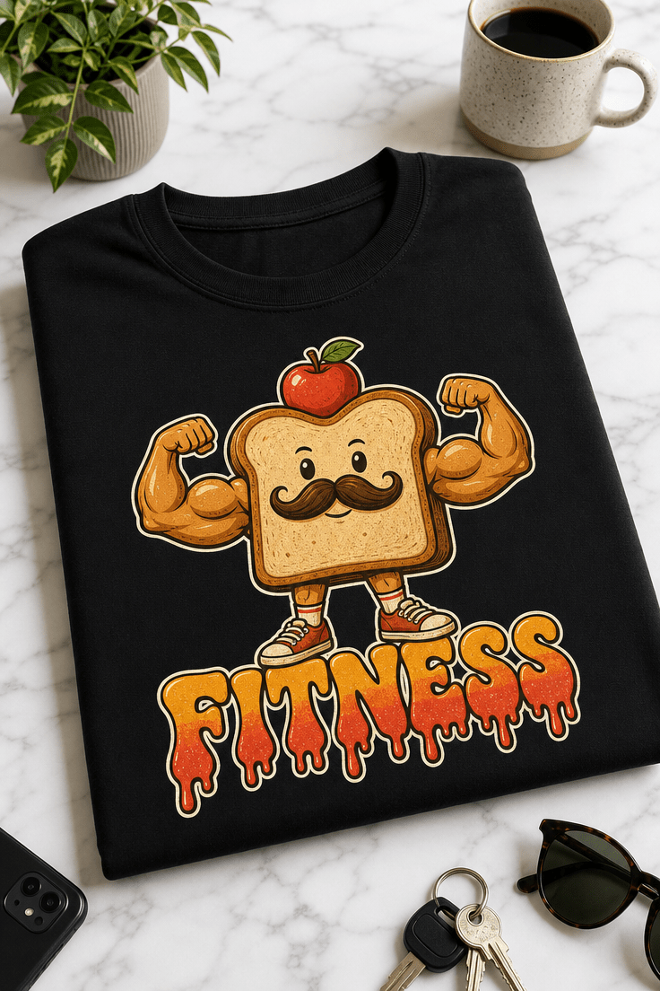 Majica z napisom FITNESS in retro motivom mišičastega toasta z jabolkom