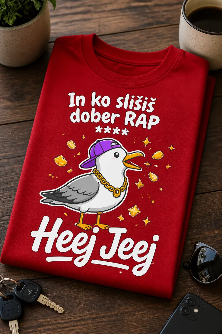 Majica z galebom v raperski opravi in napisom In ko slišiš dober RAP **** Heej Jeej