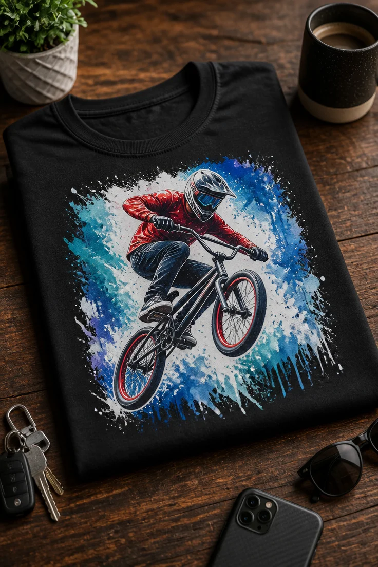 Majica z akvarelnim motivom BMX kolesarja med skokom
