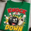 Majica z napisom KNOCK IT DOWN in retro risanim bowling motivom