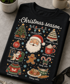 Majica z napisom Christmas season in retro božičnim kolažem prazničnih motivov
