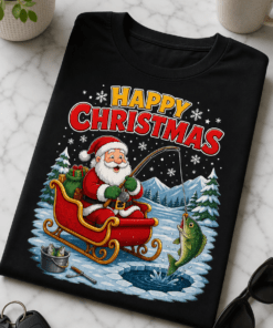 Majica z napisom Happy Christmas in motivom Božička na zimskem ribolovu
