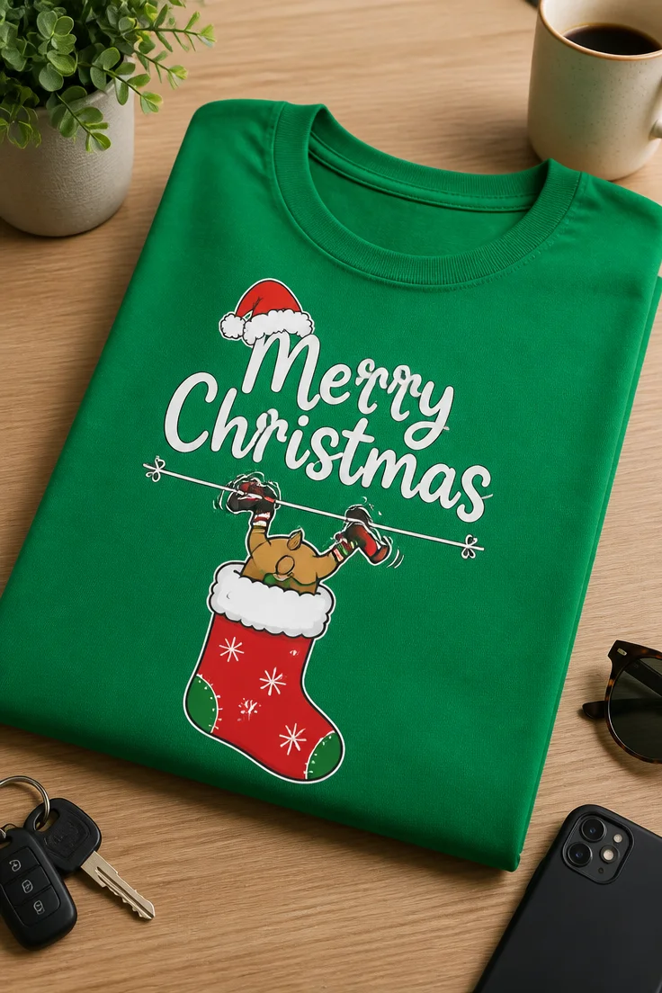 Božična majica z napisom Merry Christmas, nogavico in igrivim prazničnim likom
