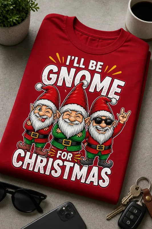 Božična majica z napisom I'LL BE GNOME FOR CHRISTMAS in tremi navihanimi božičnimi palčki