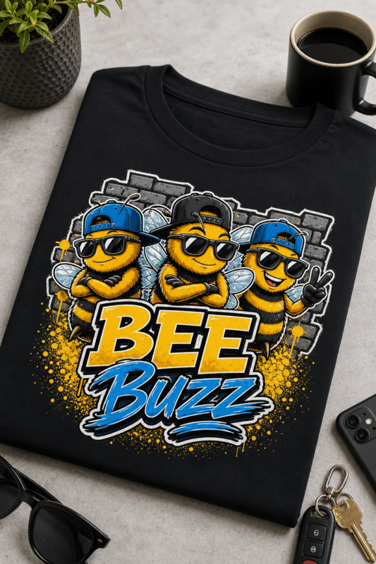 Majica z napisom Bee Buzz in motivom treh kul čebel v urbanem grafitarskem slogu