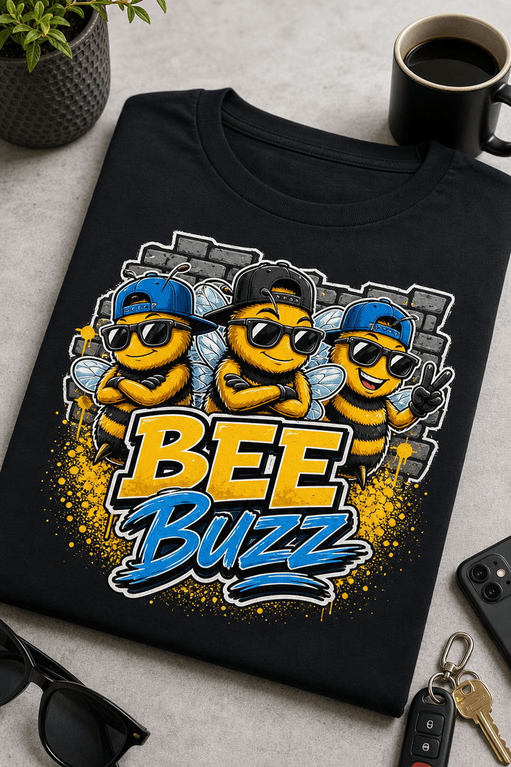 Majica z napisom Bee Buzz in motivom treh kul čebel v urbanem grafitarskem slogu