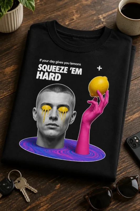 Majica z napisom If your day gives you lemons SQUEEZE 'EM HARD + in surrealističnim motivom limone
