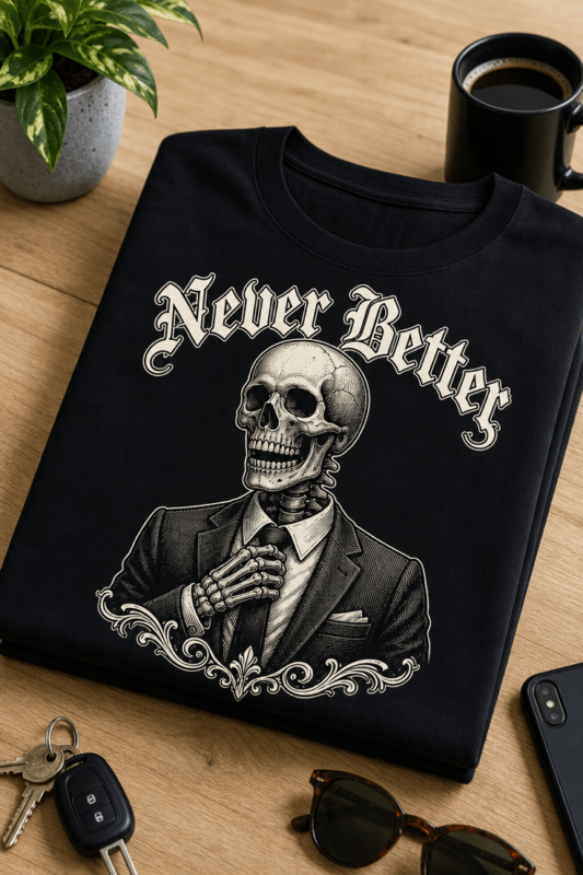 Majica z napisom Never Better in nasmejanim okostnjakom v obleki v gothic slogu