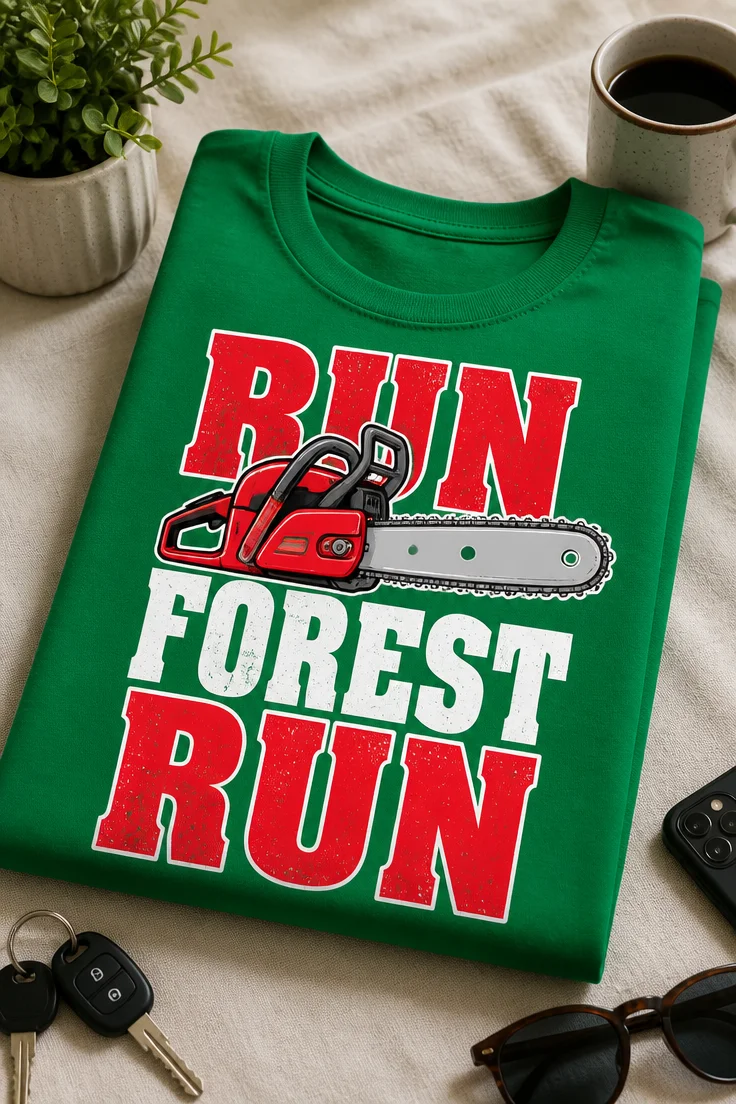Majica z napisom RUN FOREST RUN in motorno žago v horror-komedijskem slogu